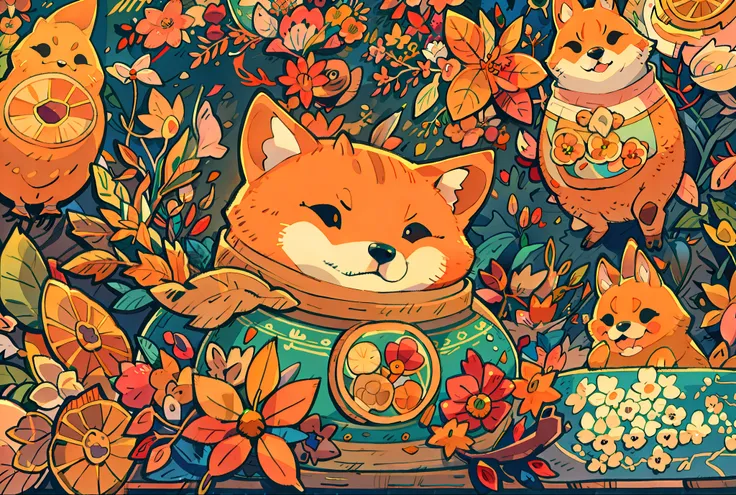 a cute shiba inu，wearing clothes in the shape of oranges,flowers and birds next to it, fantasy，whimsically，the sunset，autumn hig...