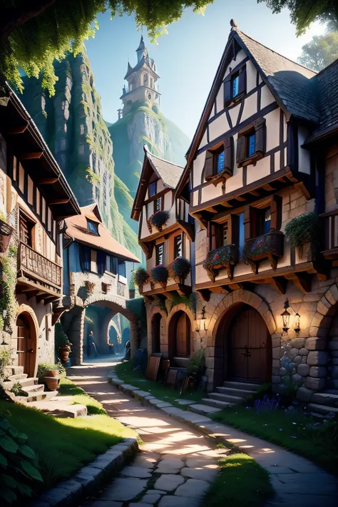 There is a small village with a lot of houses on the hill, vila medieval, Aldeia na Mata, Cidade da fantasia de Medeival, fantasy town setting, arte do jogo de fantasia medieval, cidade medieval, uma pequena vila medieval, vila pitoresca, paisagem medieval...