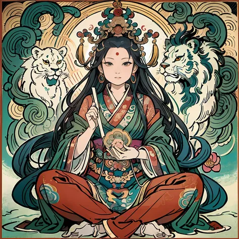 an ancient chinese goddess, guanyin of the southern seas, guanyin, inspired by india, avalokiteshvara rides a lion,serene expres...