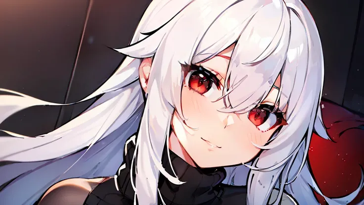 woman, (((white long hair))), ((((hip length turtleneck sweater)))), (((((sweater black))))) ((red eyes)), breasts, breasts squeezed together, happy, bangs between the eyes,bangs between the eyes, bedroom, milky thighs, detailed face, detailed eyes, detail...