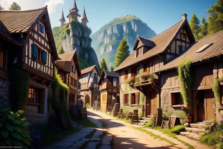 There is a small village with a lot of houses on the hill, vila medieval, Aldeia na Mata, Cidade da fantasia de Medeival, fantasy town setting, arte do jogo de fantasia medieval, cidade medieval, uma pequena vila medieval, vila pitoresca, paisagem medieval...