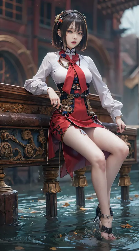 sexy 21 year old cool korean posing in red cheongsam and black garter, chinese clothes,, the beauty of steampunk anime, a steamp...