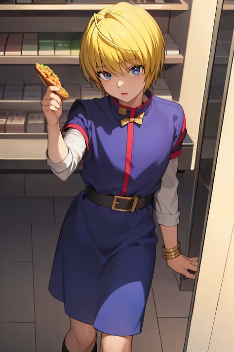 masterpiece, best quality, high quality, 1boy, solo, male focus, kurapika,buy food in the store