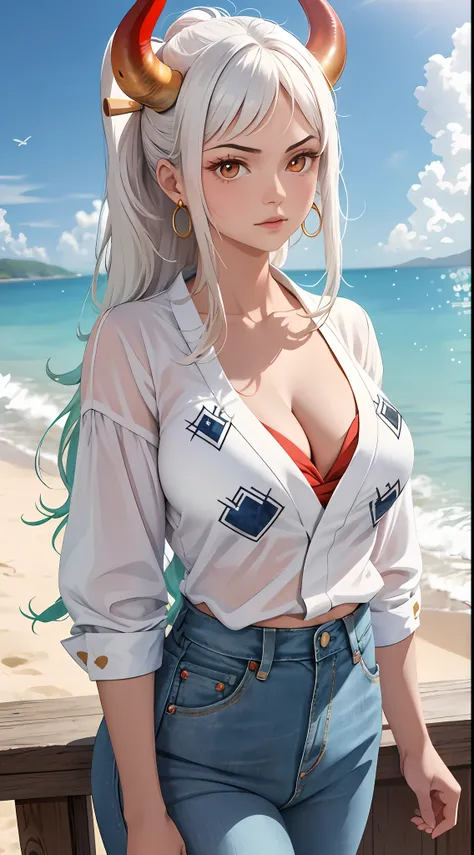 Masterpiece, Best quality, 1womanl, A high resolution, Beautiful girl , yamatowanpi,Large breasts,cleavage,White color blouse,denim pant,looks into camera,Bust photo,Raised sexy,Be red in the face,Sea background
