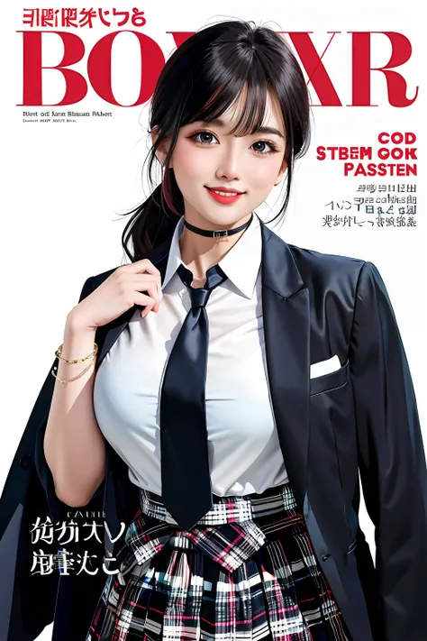 masterpiece, best quality, full body, 1girl, bangs, black choker, black necktie, black hair, blue skirt, blush, bracelet, breast...