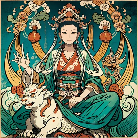 an ancient chinese goddess, guanyin of the southern seas, guanyin, inspired by india, avalokiteshvara rides a dragon,serene expr...