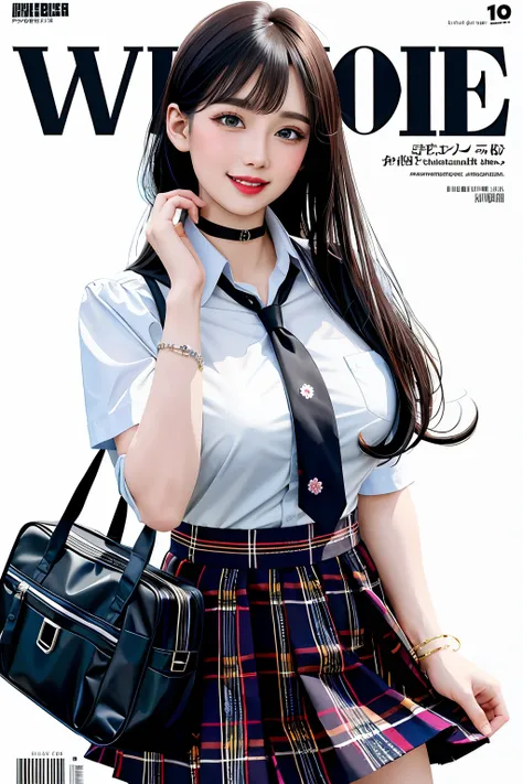 masterpiece, best quality, full body, 1girl, bangs, black choker, black necktie, black hair, blue skirt, blush, bracelet, breast...