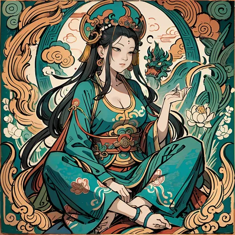 an ancient chinese goddess, guanyin of the southern seas, guanyin, inspired by india, avalokiteshvara rides a dragon,serene expr...