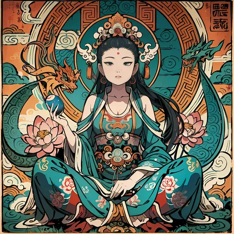 an ancient chinese goddess, guanyin of the southern seas, guanyin, inspired by india, avalokiteshvara rides a dragon,serene expr...