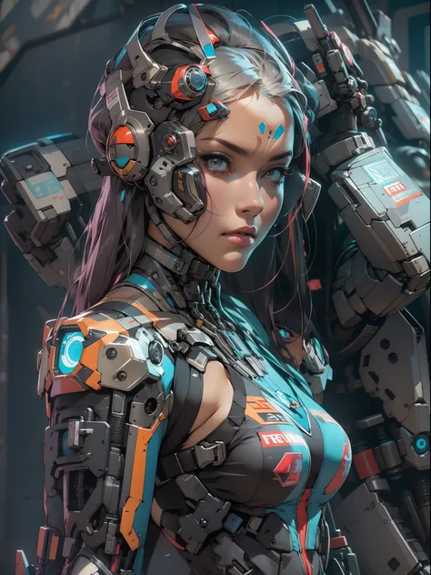 uma mulher adulta poderosa em seu traje mecha mega detalhado, armamento pesado, viseira cyberpunk, grafismos hi-tech por todo o ...