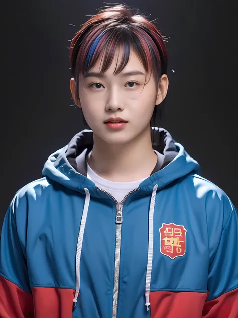 chinese male high school student，pvc red tracksuit，rainbow hair，solid color backdrop