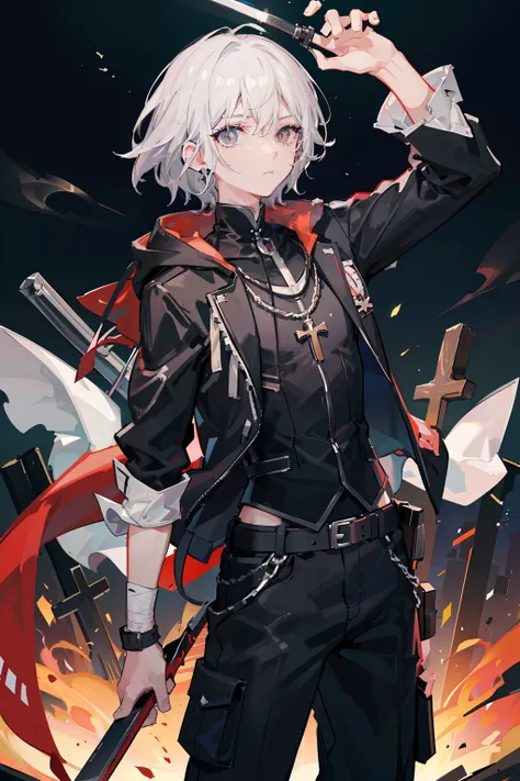 White-colored skin,White-colored skin,whaite hair,Black pupils,Pure black eyes,Silver-toned stud earrings,shoun,crosses,bandagens,There are bandages on the hands,short detailed hair,Handsome,Libido boy,Highest image quality,the night,the night,warn,male pe...