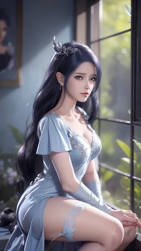 arad woman in blue dress sitting on windowsill, cute anime waifu in a nice dress, trending on cgstation, 8k high quality detaile...