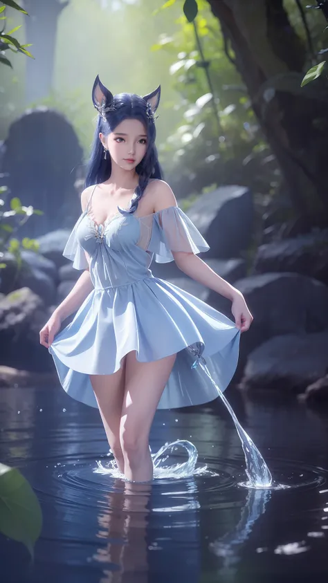 arapei in a blue and white dress stood in the water, anime girl walking on water, closeup fantasy with water magic, azur lane st...