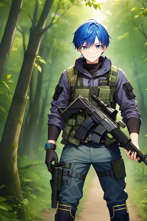 a young man with vibrant blue hair, dressed in a tactical combat rig, confidently stands amidst a lush forest backdrop, gripping...