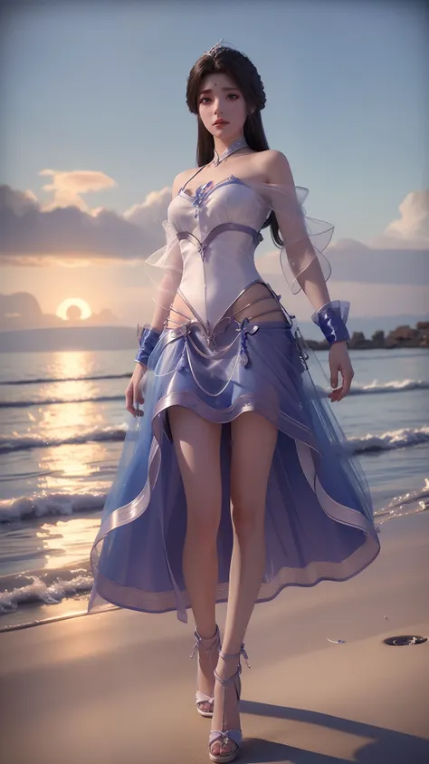 arad woman in blue dress and white shirt walking on the beach, photorealistic anime girl rendering, render of a cute 3d anime gi...