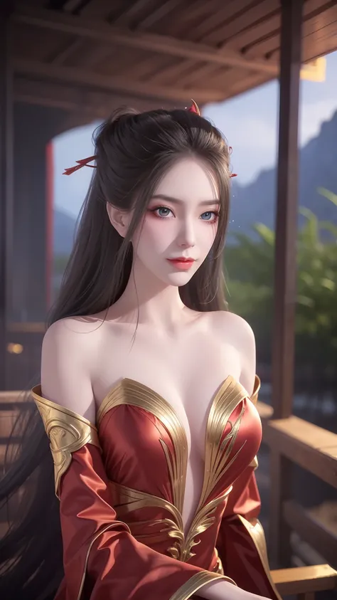 The Araved woman in a red dress sits on a red bench by the water, a photorealistic painting inspired by Magali Villeneuve, cgsociety contest winner, Fantasy art, wearing gilded red robes, lady in red armor, wearing gilded red royal robes, Gorgeous Role Pla...