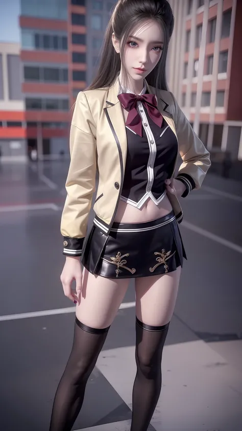 there is a woman in a skirt and a jacket posing for a picture, Surrealism female students, Surrealism female students, Realistic schoolgirl, thighhighs and skirt, photorealistic anime girl rendering, 3 d anime realistic, Smooth anime CG art, photorealistic...