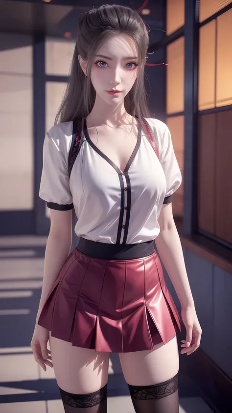 anime - style image of a woman in a short skirt and shirt, seductive anime girls, Smooth anime CG art, Surrealism female students, Surrealism female students, thighhighs and skirt, photorealistic anime girl rendering, beautiful and seductive anime woman, R...