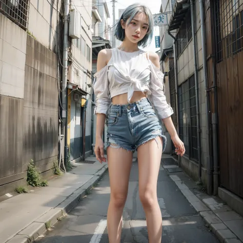 masterpiece1.3,High picture quality,Cool,detailed detail,Advancedsense,Full body photo of a young girl,White-blue hair,real photograph,dynamic angle,Shishi Japan of Girls,street photos,Sky blue ripped denim shorts,Cartoon character shirts,A piece of clothi...