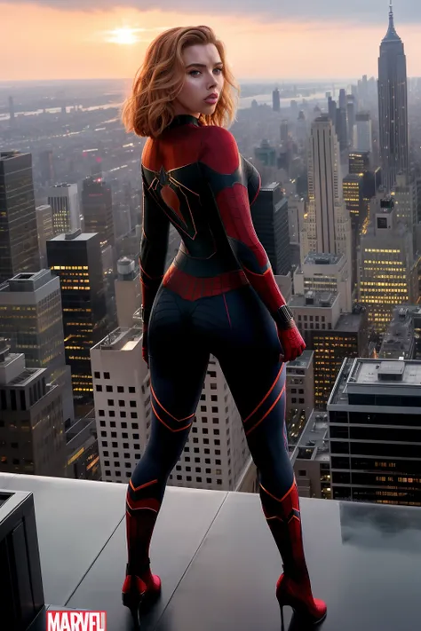 scarlett johansson, beauty, spider-man tights, full body shot, prominent figure, standing on the edge of a skyscraper, photo (ma...