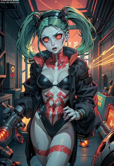 1girl, redhead hair, girl, mature woman, micro highleg highneck swinsuit, small breast, futuristic cyberpunk, bionic joints, (twin tail, hairband, mechanical eye, colored sclera, red sclera, long hair, green pupils, fang, red eyes, black croped jacket ) 2d...