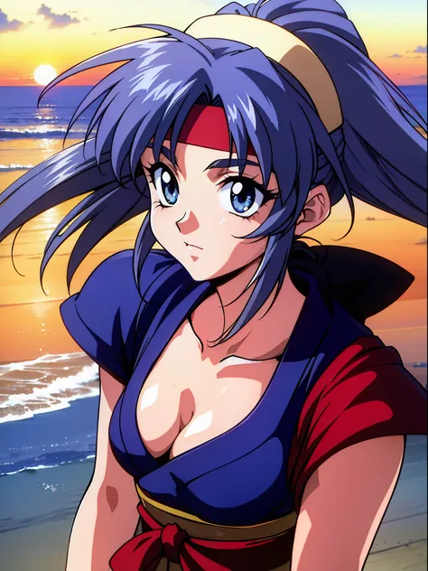 1990s anime style, 1990s manga style, in the art style of Yuuki Nobuteru, grey hair, multicolored hair, fantasy, kunoichi, 1girl, solo, headband, inspired by Shirow Masamune, close up, sunset, japanese clothing, medieval, retro anime, sharp, defined lines,...