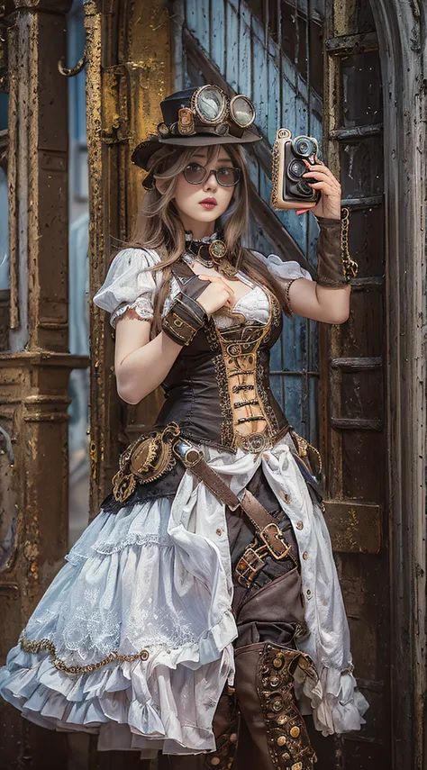 woman in steampunk costume taking photo, wearing steampunk attire, steampunk fantasy style, (steampunk), ( steampunk ), a steamp...