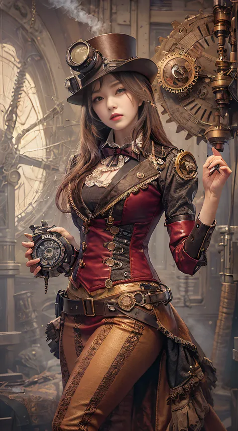 woman in steampunk costume taking photo, wearing steampunk attire, steampunk fantasy style, (steampunk), ( steampunk ), a steamp...