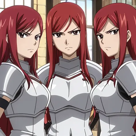 (3girls, trio, triplets, clones), erza scarlet, fairy tail, red hair, brown eyes, long hair, looking at viewer, serious, close-u...