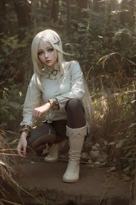 there is a woman kneeling on a rock in the woods, nier inspired, nier:automata inspired, nier : automata inspired, anime girl cosplay, girl with white hair, white haired, perfect white haired girl, white-haired, anime cosplay, bravely default inspired, cos...