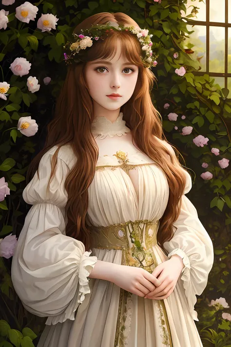 「in the pre-raphaelite masterpiece、very beautiful young fantasy princess standing in flower garden、shines with photorealistic an...