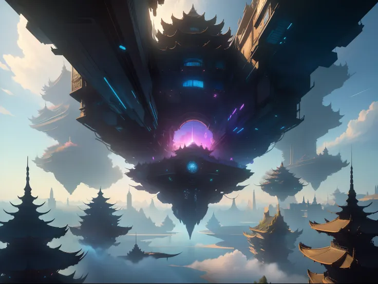 high high quality,Best quality at best,Realiy,Super realistic,super detailing,A high resolution,8K,Very realistic,Epic fantasy digital art style,sky cities,Several cities floating in the sky are connected by chain bridges,Endless Lagrange,Fantastic starry ...
