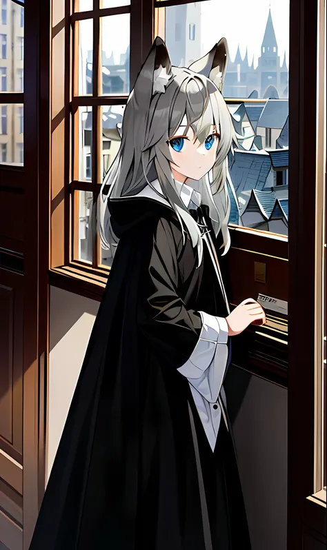 tmasterpiece， Best quality at best， high high quality， 1girll， 独奏， fox ear， Animal ear villi， eBlue eyes， Gray hair， long whitr hair， The hair is between the eyes， looking at viewert， inside in room， coffeehouse， desks， coffee mug， window， streetview， medi...