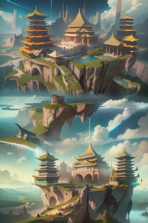 high high quality,Best quality at best,Realiy,Super realistic,super detailing,A high resolution,8K,Very realistic,Epic fantasy digital art style,sky cities,Several cities floating in the sky are connected by chain bridges,The city is above the endless star...