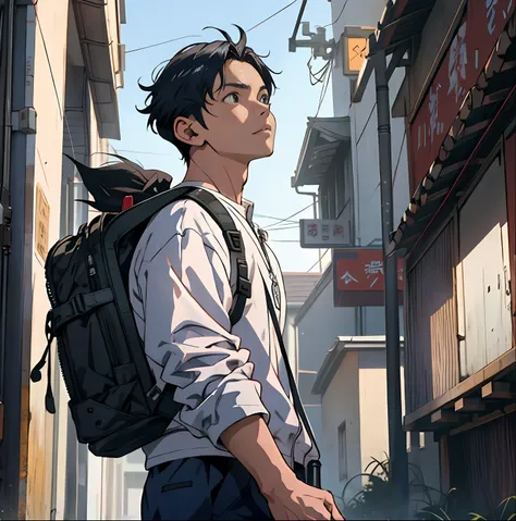 arafed image of a boy with a backpack looking up, estilo de ssss.gridman (2018), inspirado por adam dario keel, highlight scene ...