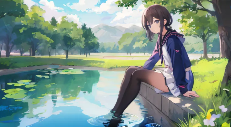 Anime girl sitting on the wall next to the pond，There are flowers, wallpaper anime blue water, Anime girl walking on water, sitting at a pond, style of anime4 K, 4K anime wallpaper, Anime art wallpaper 8 K, Smooth anime CG art, sittinng on the river, Anime...