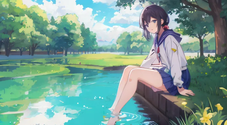 anime girl sitting on the wall next to the pond，there are flowers, wallpaper anime blue water, anime girl walking on water, sitt...