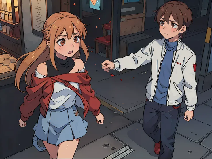 (Asuna1 talking to Boy1), (Asuna1, female, long blond hair, brown eyes, blue off-shoulder turtleneck top, red short skirt, white sandals, crying, sad), (Boy1, male, taller than Asuna1, short red brushed-up hair, red bandanna, brown eyes, black leather jack...
