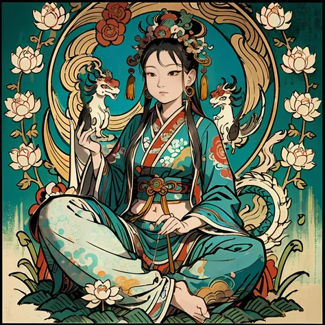 an ancient chinese goddess, guanyin of the southern seas, guanyin, inspired by india, avalokiteshvara rides a dragon,serene expr...