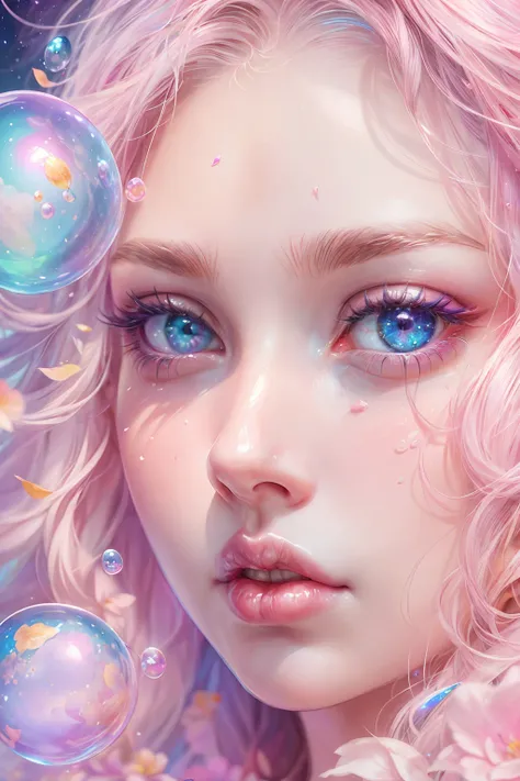 ((masterpiece)). This artwork is sweet, dreamy and ethereal, with soft pink watercolor hues and candy accents. Generate a delicate and demure English fae exploring a (bubblegum world with a wide variety of pastel shades). Her sweet face is extremely detail...
