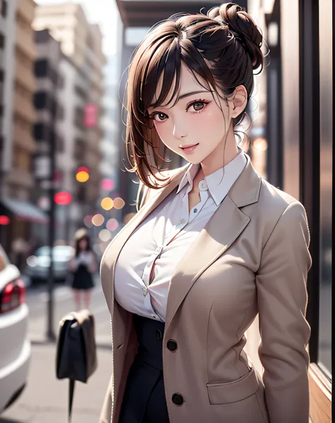 (scretary:1.5, midtown street background:1.5, standing on turn-table:1.5), photo realistic, anime style, (8k, raw photo, best qu...