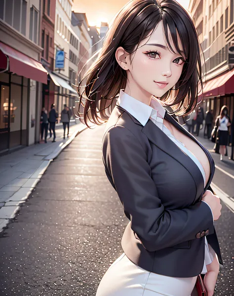 (scretary:1.5, midtown street background:1.5, standing on turn-table:1.5), photo realistic, anime style, (8k, RAW photo, best quality, masterpiece:1.2), High detail RAW color photo, professional photograph, cowboy shot, (realistic, photo realistic:1.37),ci...
