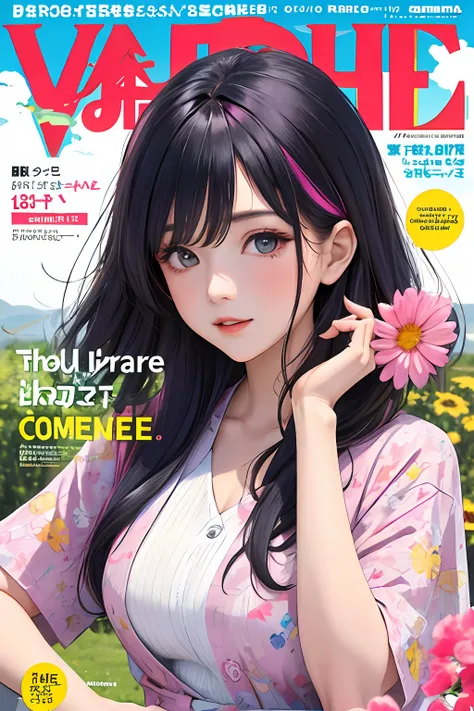 masterpiece, best quality, spring outfit, colorful hair,  outdoor, magazine cover ,upper body,