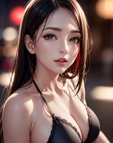 (8k, RAW photo, best quality, masterpiece: 1.2), (realistic, photorealistic: 1.37), 1 girl, Japan, 40s,, cityscape, night, professional lighting, photon mapping, radiosity, ripped, big, bright red see-through and very small bra, gal , Lots of lashes, Lame...