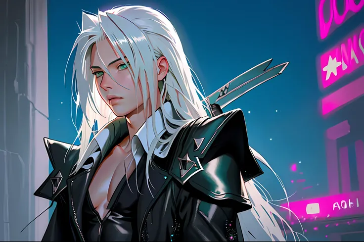 masterpiece, highest quality, (perfect face:1.1), (high detail:1.1), (((sephiroth))), (final fantasy), angel with voluminous white hair, soft hair, neon green eyes, solo ,1guy, young boy, 12 years old, long hair, black elegant suit, shoulder-length hair, R...