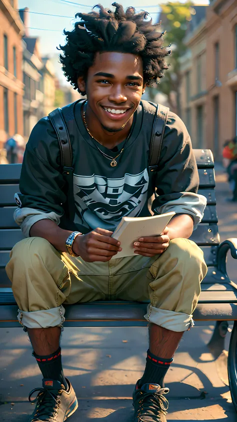 3d cartoon character, (funny),(((sitting on a bench))), holding a small book, on a city street, black boy, (detailed facial feat...