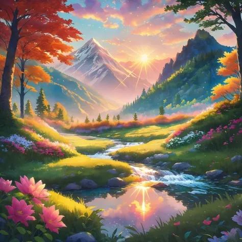 (best illumination, best shadow), scenic anime landscape, beautiful nature scenery, breathtaking view, majestic mountains, lush ...