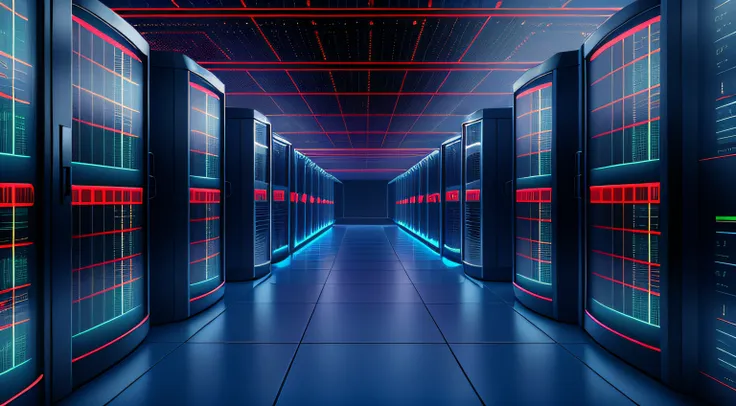 a dimly lit hallway with rows of data and computer screens, background is data server room, hacking into the mainframe, cyber sp...