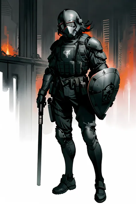 solo, man in a helmet and vest standing, riot shields, shield, a bulletproof vest, dressed in black tactical armor, full-body ar...